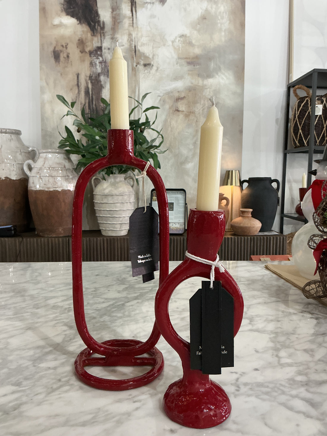 Medal Red Tapered Candle Holder Set