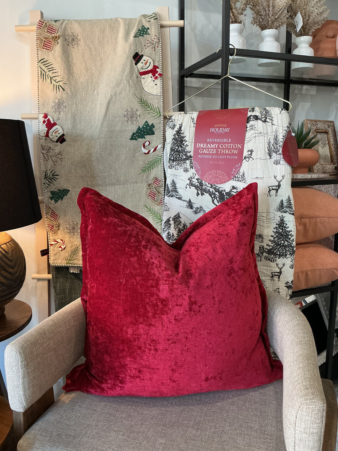 Red Velour Decorative Pillow